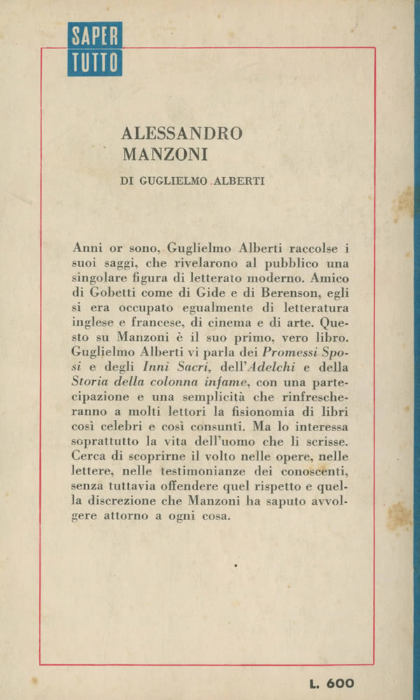 Alberti, Alessandro Manzoni, 1964, retro di copertina